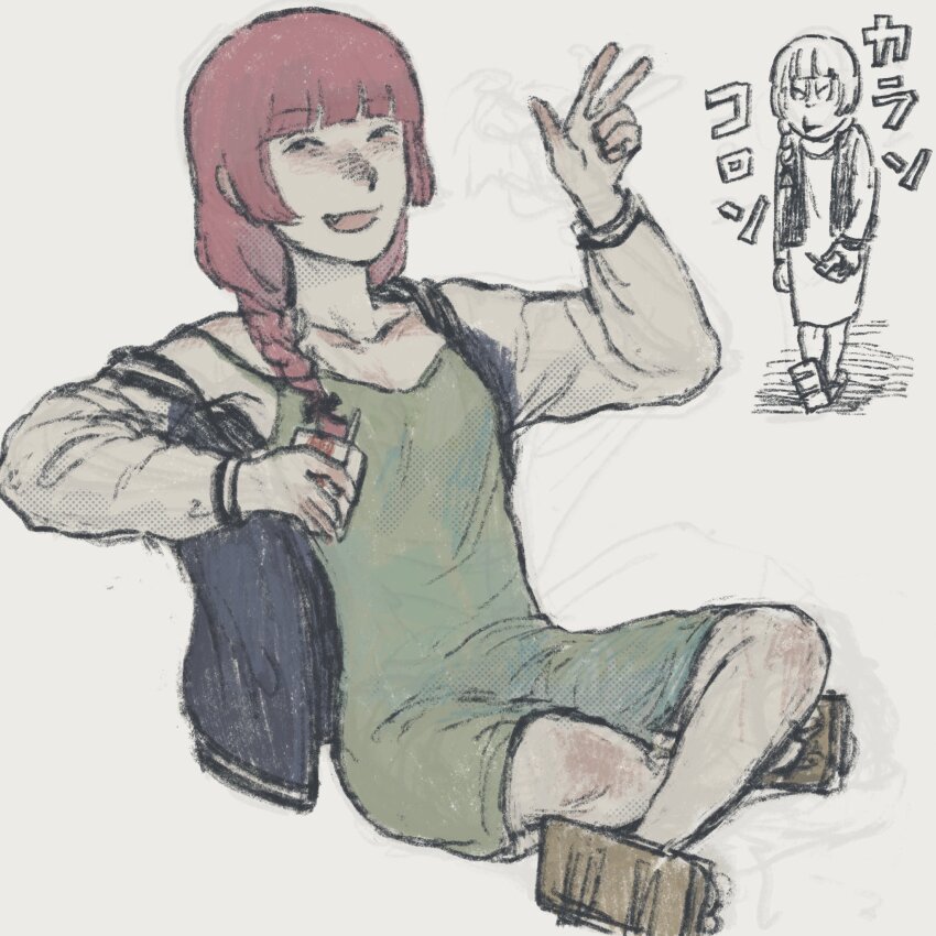 1girl, arm_rest, armpits, black_eyes, black_ribbon, blue_jacket, blunt_bangs, bocchi_the_rock!, braid, braided_ponytail, breasts, commentary, dress, drink_carton, fang, full_body, geta, gozaimas_(masmas_nemui), green_dress, hair_over_shoulder, hair_ribbon, half-closed_eyes, halftone, hand_up, highres, hiroi_kikuri, holding, holding_carton, holding_drink_carton, indian_style, jacket, letterman_jacket, long_hair, long_sleeves, looking_at_viewer, mizuki_shigeru_(style), multiple_views, no_socks, off_shoulder, open_clothes, open_jacket, partially_colored, purple_hair, ribbon, simple_background, sitting, small_breasts, smile, translation_request, w, walking, white_sleeves