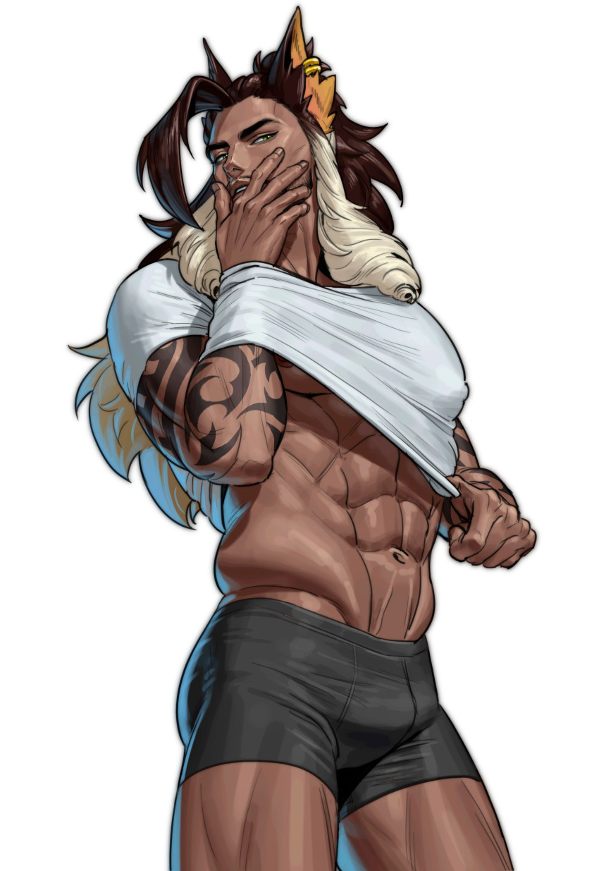 1boy, abs, absurdres, bara, beard, bingbing_nakso, black_hair, bulge