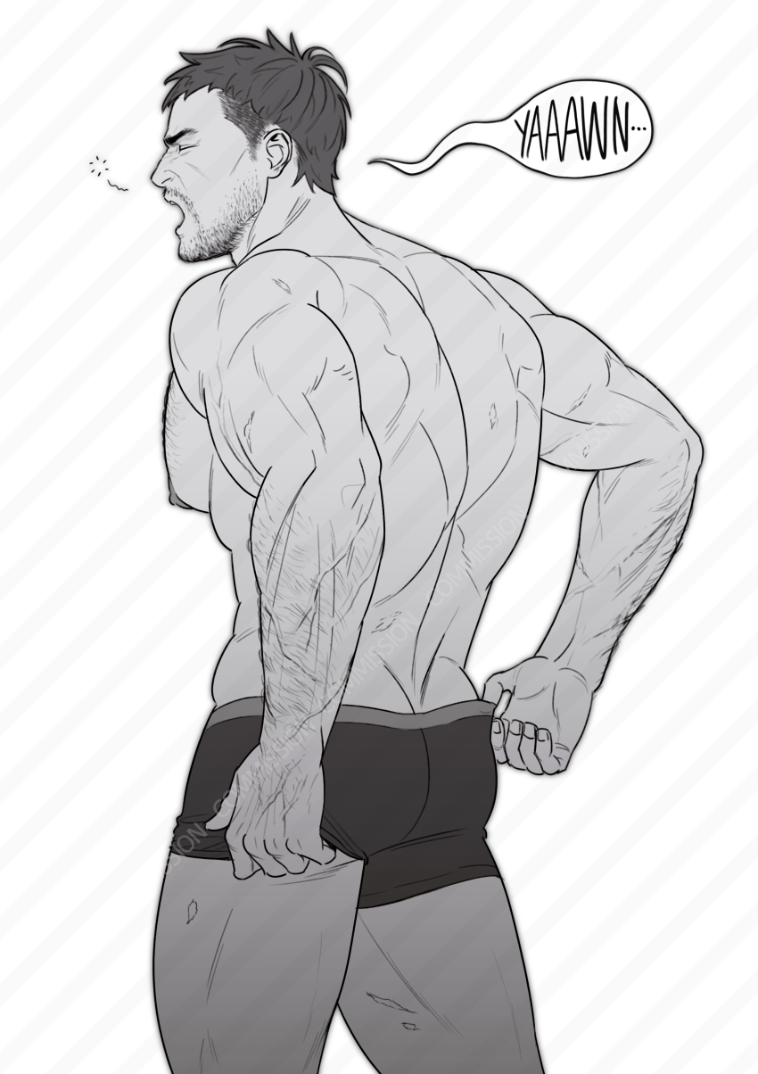 1boy, absurdres, back_muscles, bara, beard_stubble, bingbing_nakso, boxers, cowboy_shot