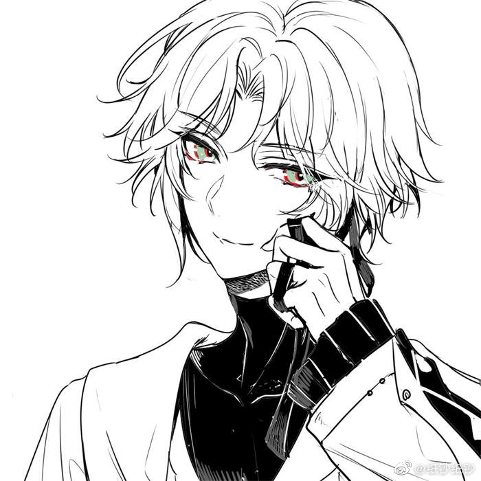 1boy, closed_mouth, covered_collarbone, curtained_hair, forever_7th_capital, green_eyes, greyscale, holding