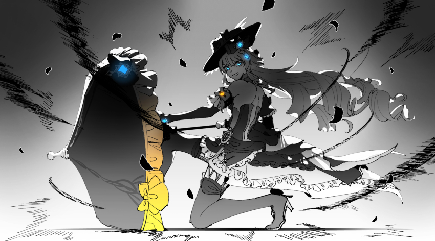 1girl, bare_shoulders, detached_sleeves, dress, drill_hair, frilled_dress, frills, full_body, genshin_impact, greyscale, hat, high_heels, highres, holding, holding_umbrella, long_hair, looking_at_viewer, monochrome, navia_(genshin_impact), on_one_knee, scor_lu, spot_color, thighhighs, umbrella, very_long_hair