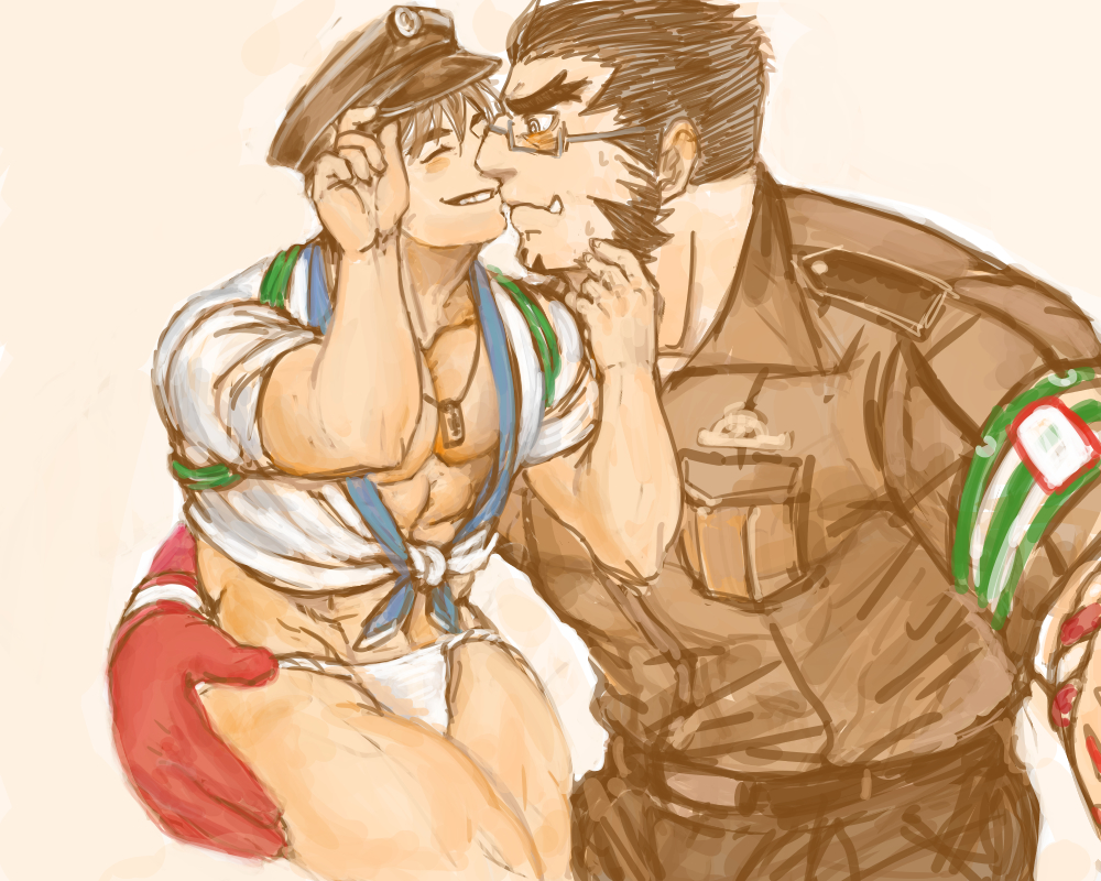 2boys, 392mondo, bara, blush, borrowed_accessory, bulge, colored_skin, couple