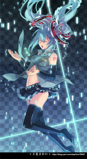 aqua_hair, boots, checkered_background, daphine78805, detached_sleeves, closed_eyes, floating_hair, hatsune_miku