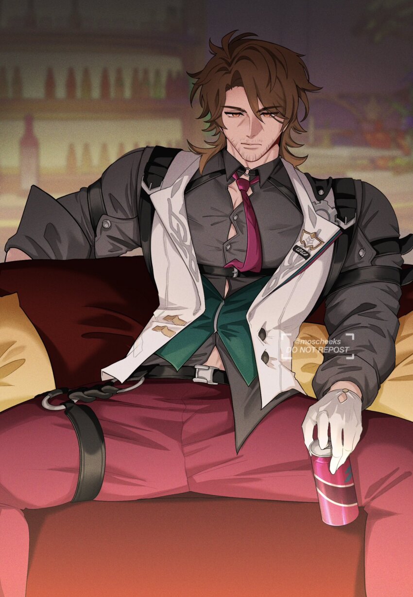 1boy, beard_stubble, black_shirt, brown_hair, facial_hair, gallagher_(honkai:_star_rail), gloves, hair_between_eyes