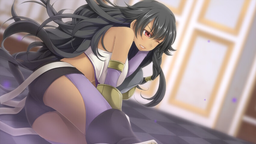 1girl, atelier-moo, bare_shoulders, black_hair, breasts, closed_mouth, cowboy_shot, dark-skinned_female