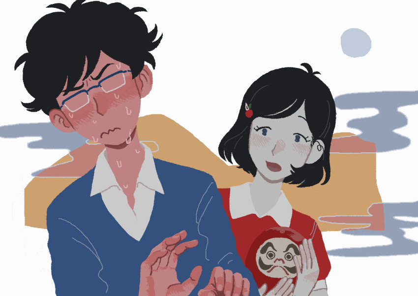 1boy, 1girl, abstract_background, absurdres, antenna_hair, apple_hair_ornament, behind_another, black_eyes