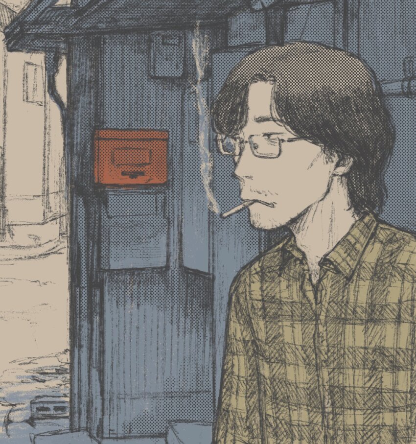 1boy, adam's_apple, bags_under_eyes, beard_stubble, building, cigarette, closed_mouth, collared_shirt