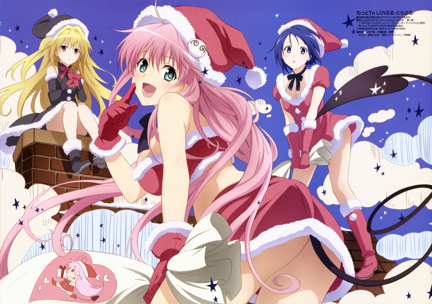 3girls, absurdres, ahoge, black_santa_costume, blonde_hair, blue_hair, bow, bustier