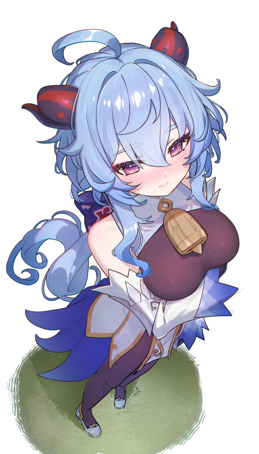 1girl, absurdres, ahoge, bare_shoulders, bell, black_gloves, blue_hair, blush