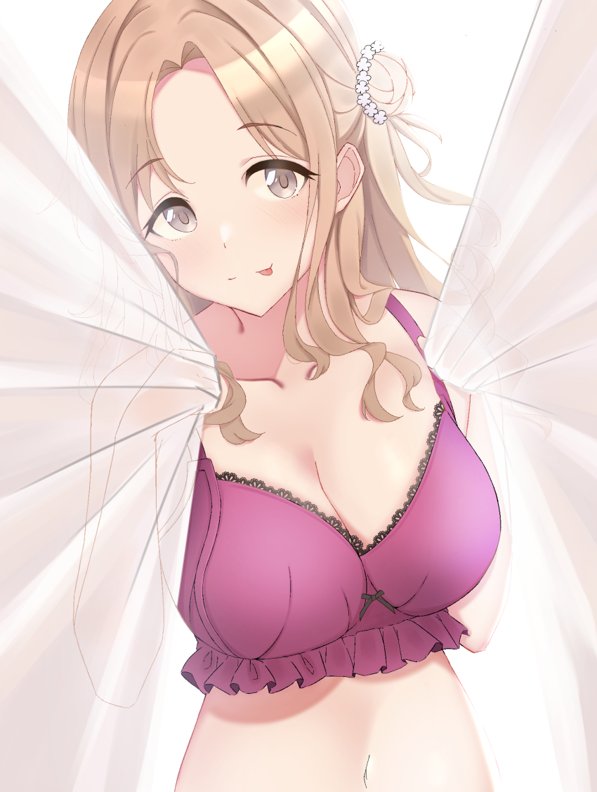 1girl, bare_shoulders, blurry, blush, bra, breasts, brown_eyes, brown_hair
