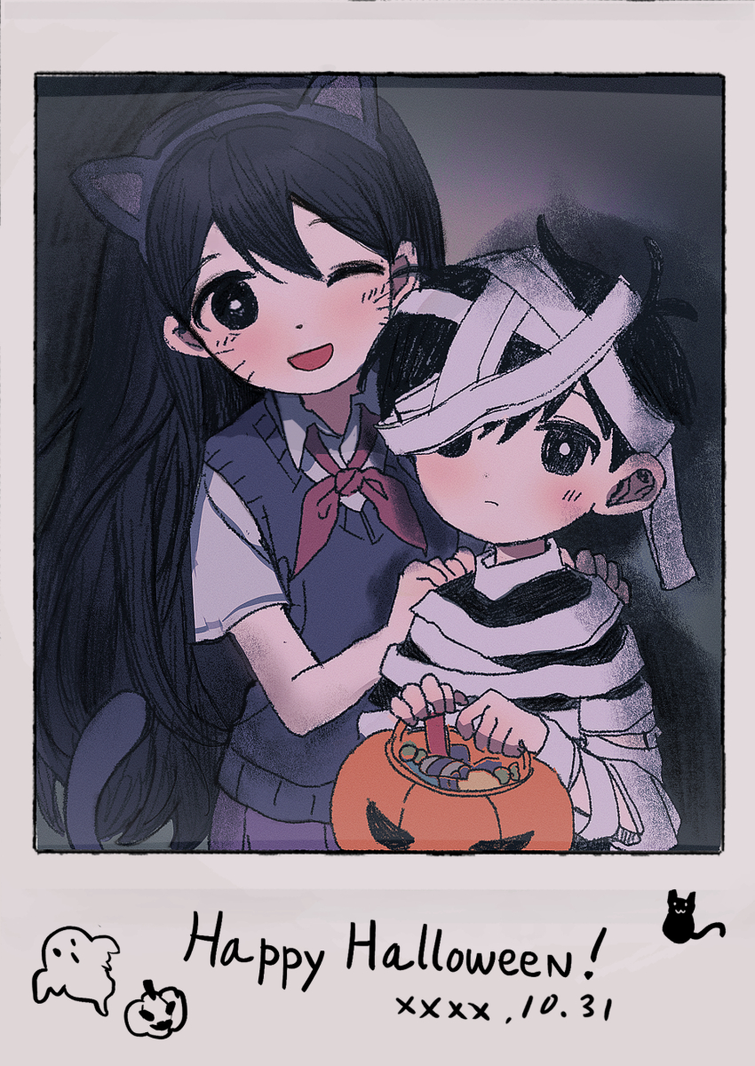 1boy, 1girl, aged_down, animal_ears, antenna_hair, bandaged_arm, bandaged_head, bandaged_torso