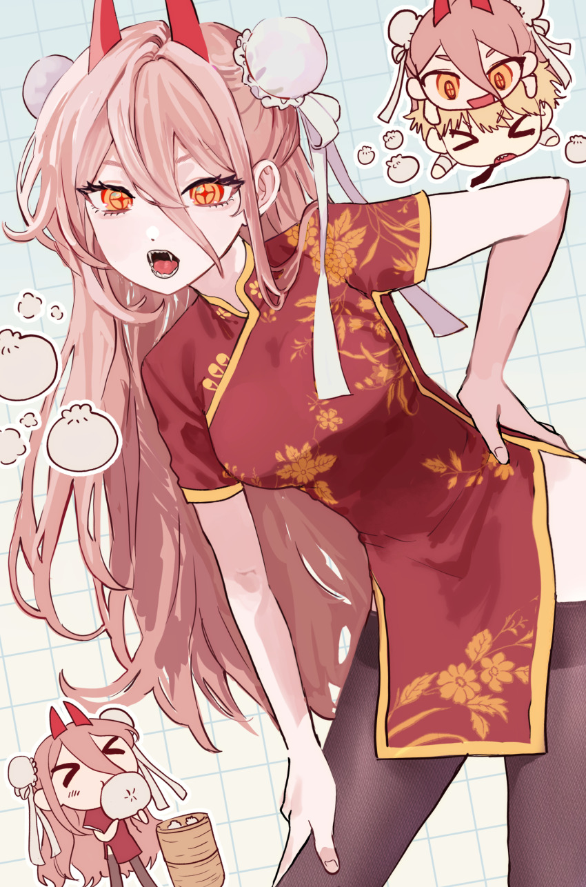 >_<, 1girl, absurdres, black_pantyhose, bun_cover, chainsaw_man, chibi, china_dress