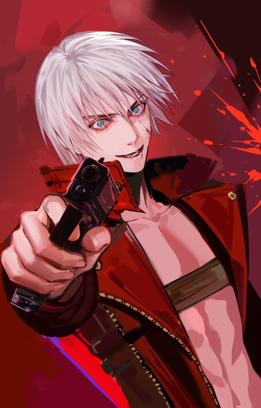 1boy, belt_bra, blue_eyes, coat, dante_(devil_may_cry), devil_may_cry, devil_may_cry_(series), devil_may_cry_3