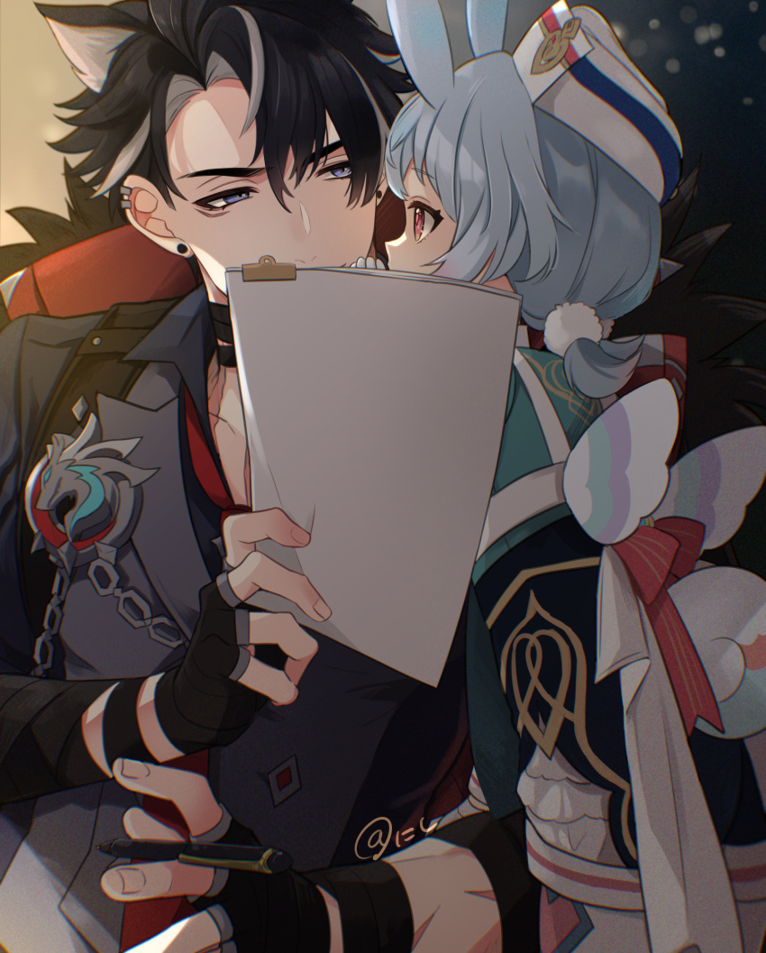 1boy, 1girl, animal_ear_fluff, animal_ears, aqua_jacket, back, back_bow, between_fingers