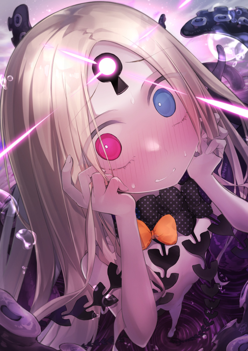 1girl, abigail_williams_(fate), abigail_williams_(second_ascension)_(fate), bare_shoulders, black_bow, blonde_hair, blue_eyes, blush