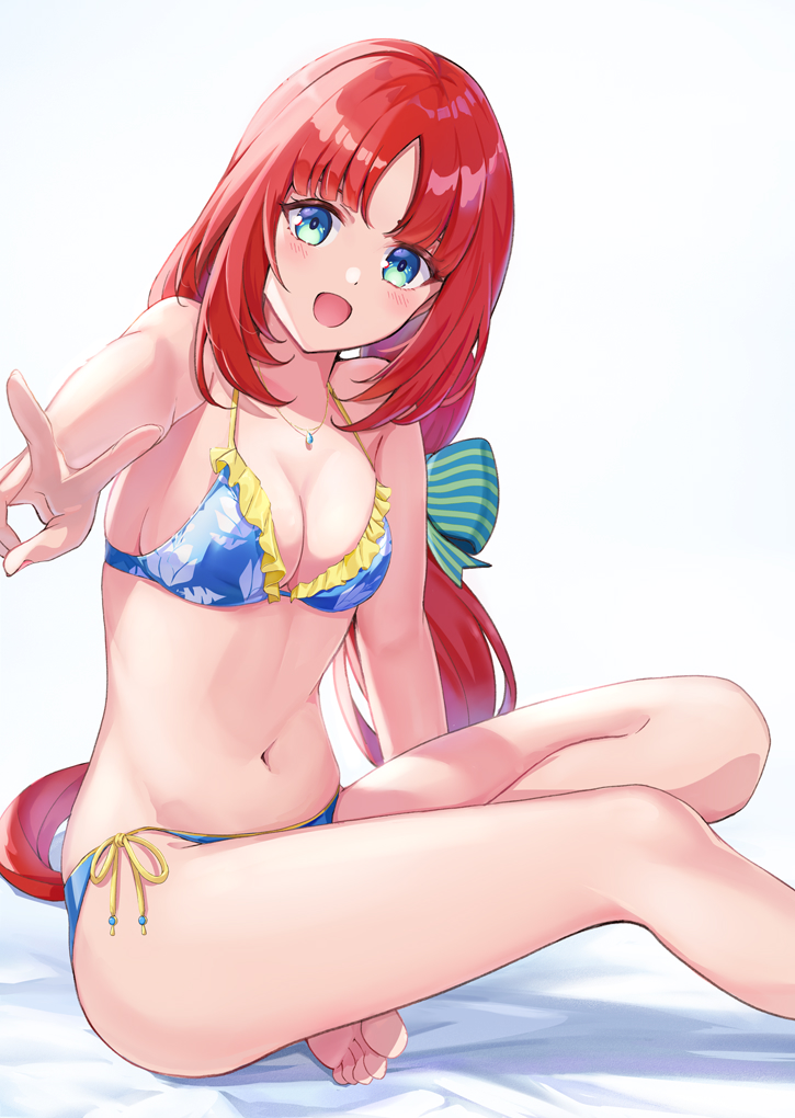 1girl, 310setsu, :d, aqua_eyes, barefoot, bikini, blue_bikini, blunt_bangs