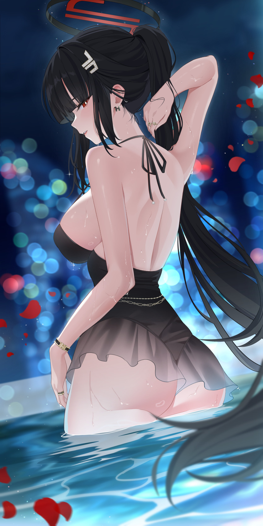 1girl, absurdres, alternate_costume, aqua74286, ass, black_hair, black_one-piece_swimsuit, blue_archive