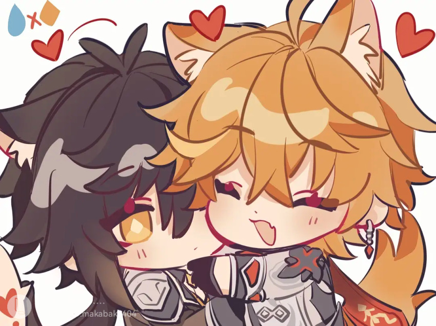 2boys, animal_ears, cat_boy, cat_ears, chibi, earrings, fox_ears, fox_tail