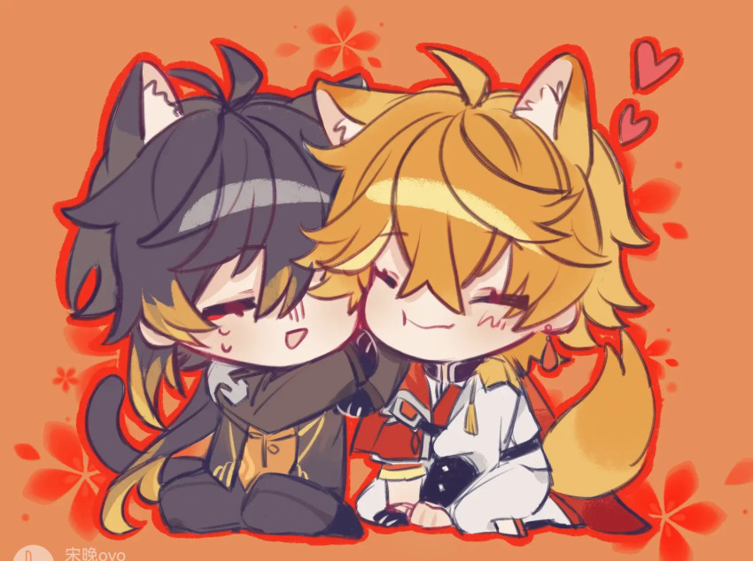 2boys, animal_ears, cat_boy, cat_ears, cat_tail, chibi, flower, fox_ears