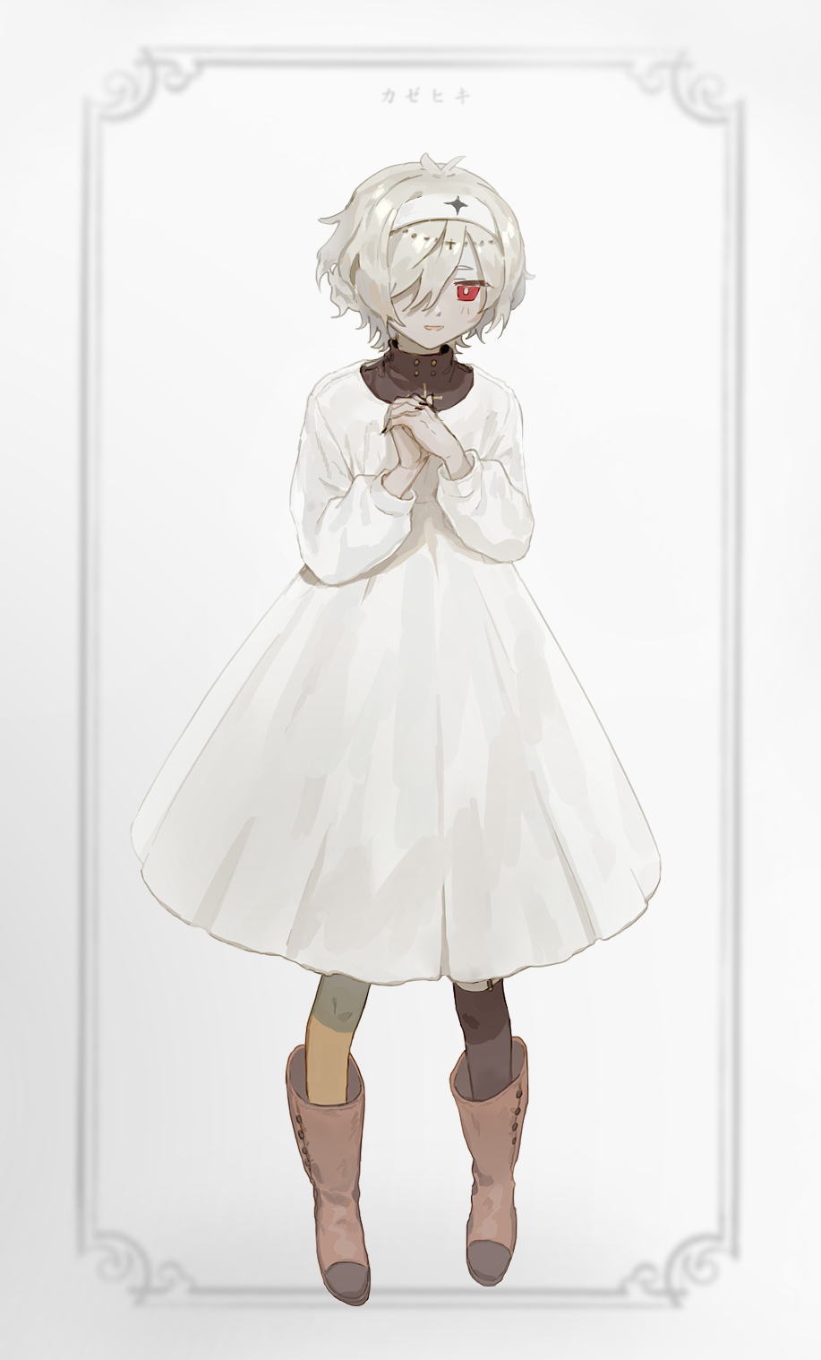 1boy, :d, black_nails, blonde_hair, border, brown_footwear, cross, crossdressing