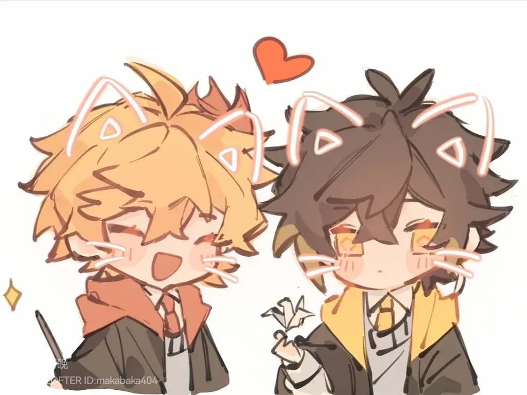 2boys, animal_ears, cat_ears, chibi, genshin_impact, griffindor, harry_potter_(series), heart, hufflepuff, lofter, lofter_logo, makabaka404, multiple_boys, origami, paper_crane, tartaglia_(genshin_impact), white_background, wizarding_world, zhongli_(genshin_impact)