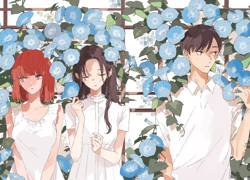 1boy, 2girls, black_hair, closed_eyes, flower, highres, kakmxxxny06, kono_koi_wo_hoshi_ni_wa_negawanai