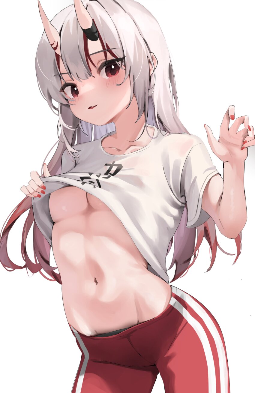 1girl, absurdres, blush, breasts, clothes_lift, commentary, gradient_hair, highres, hololive, lifting_own_clothes, long_hair, looking_at_viewer, medium_breasts, multicolored_hair, nakiri_ayame, nakiri_ayame_(7th_costume), nakiri_ayame_(cutie_jersey), navel, official_alternate_costume, oni, open_mouth, pants, print_shirt, red_eyes, red_hair, red_pants, scarlet_(wv0102), shirt, shirt_lift, short_sleeves, simple_background, solo, stomach, streaked_hair, untranslatable_commentary, track_pants, underboob, virtual_youtuber, white_background, white_hair, white_shirt