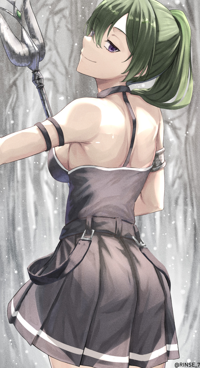 1girl, absurdres, artist_name, bare_shoulders, black_shirt, black_skirt, breasts, cowboy_shot