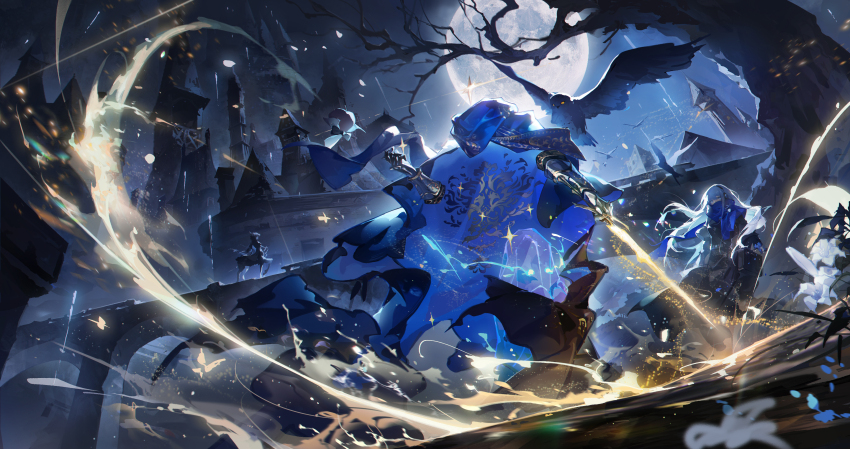 1boy, 3girls, a_knight_(reverse:1999), absurdres, apple, apple_(reverse:1999), bag, bare_tree