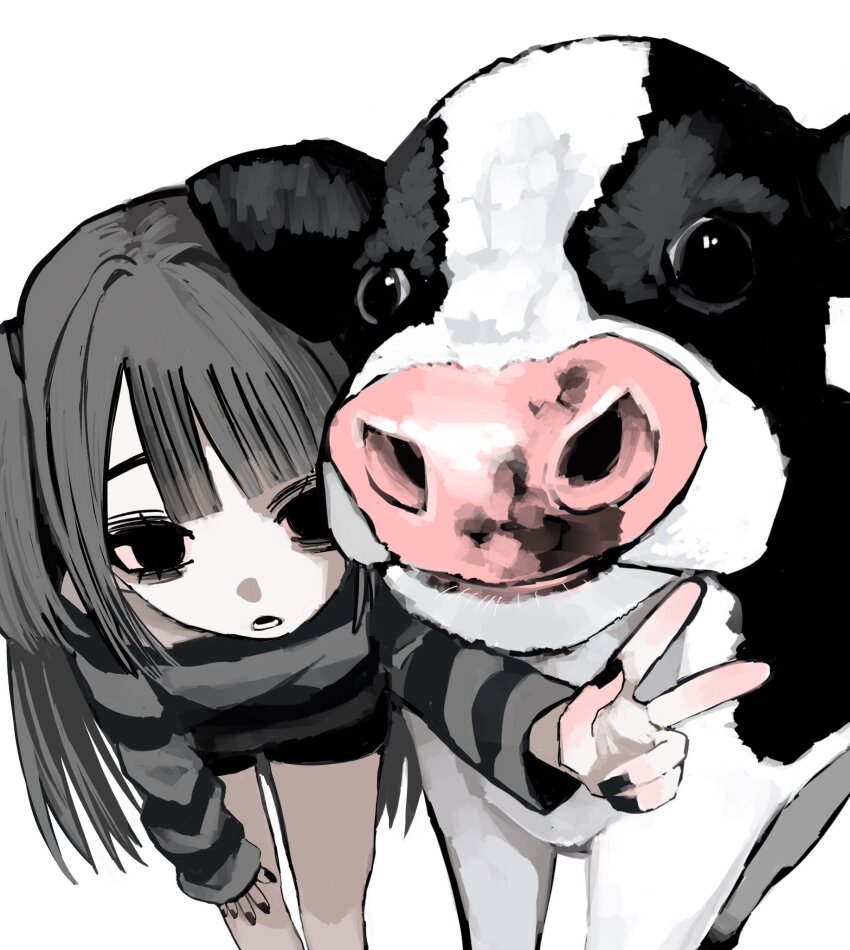 1girl, animal, black_eyes, black_nails, blunt_bangs, cow, feet_out_of_frame, grey_hair, grey_shirt, hand_up, highres, leaning_forward, long_hair, long_sleeves, looking_at_viewer, nail_polish, open_mouth, original, shirt, simple_background, solo, standing, striped_clothes, striped_shirt, urokogaran, v, white_background