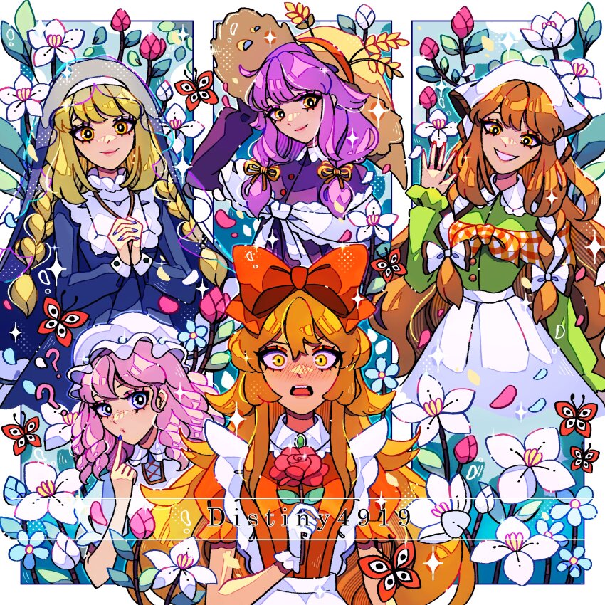 5girls, absurdres, apron, blonde_hair, blue_dress, brooch, brown_hair, distiny4919, dress, drill_hair, elise_liedl, freya_(little_goody_two_shoes), green_dress, habit, hair_flaps, hair_ribbon, hat, headscarf, highres, jewelry, lebkuchen_(little_goody_two_shoes), little_goody_two_shoes, long_hair, low_twintails, maid_apron, medium_hair, mob_cap, muffy_(little_goody_two_shoes), multiple_girls, nun, nun_headdress, pink_hair, plaid_clothes, plaid_shawl, purple_dress, purple_hair, red_dress, red_ribbon, ribbon, rozenmarine_(little_goody_two_shoes), shawl, straw_hat, traditional_nun, twintails, veil, white_apron, white_headscarf, white_shawl, witch_hat, yellow_headscarf