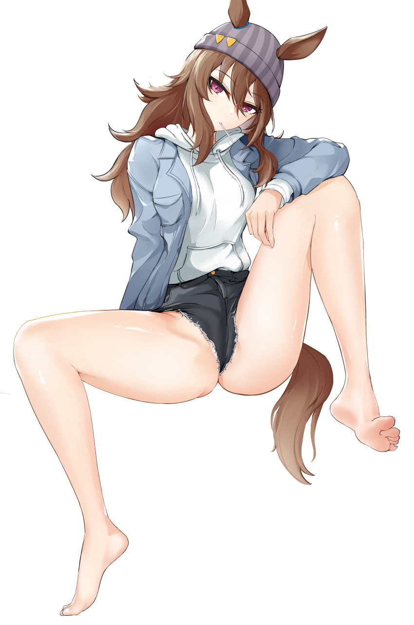 1girl, absurdres, animal_ears, barefoot, beanie, black_shorts, blue_jacket, breasts