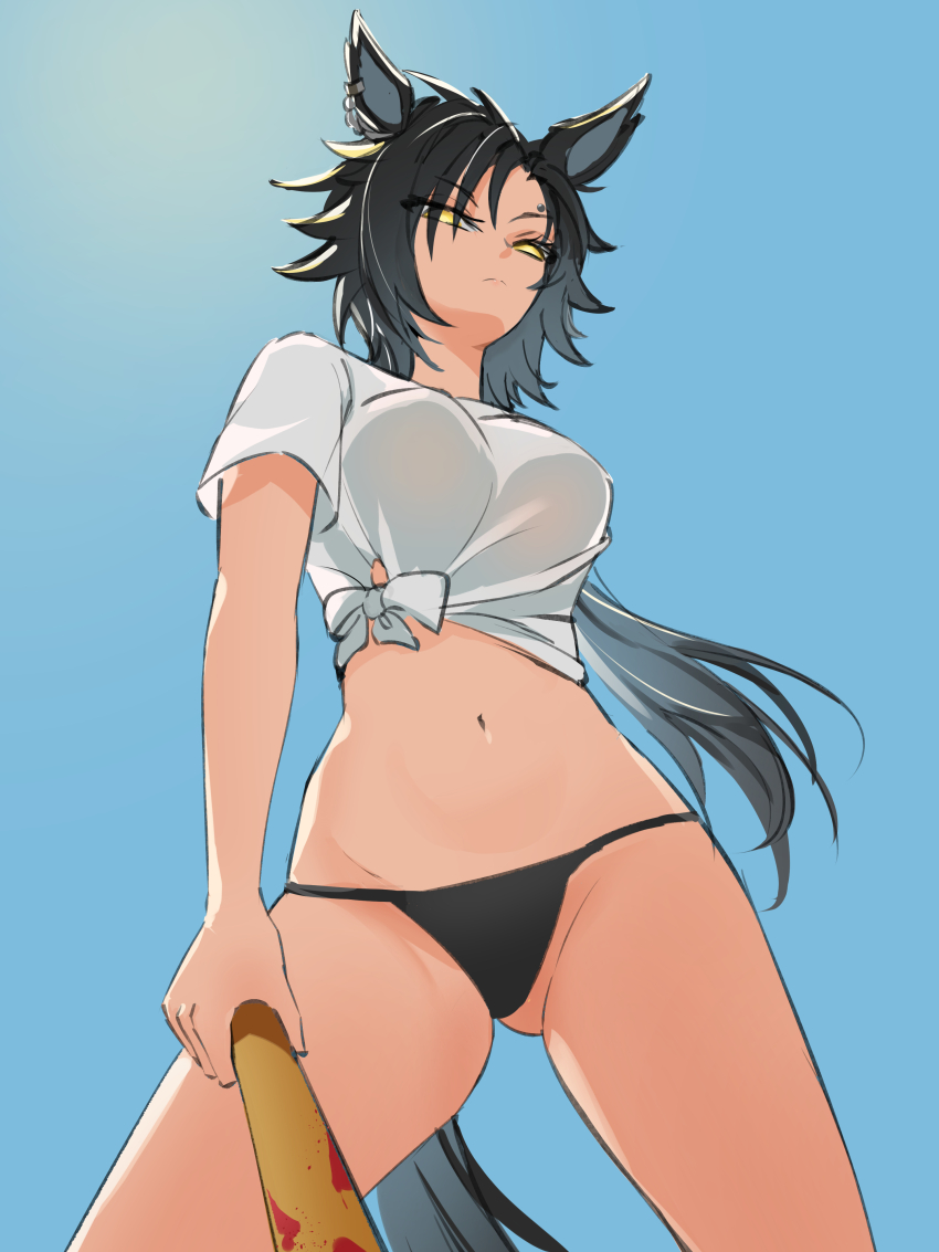 1girl, absurdres, air_shakur_(umamusume), alternate_costume, baseball_bat, bikini, black_bikini, black_hair, blue_sky, breasts, commentary_request, cowboy_shot, ear_ornament, ear_piercing, eyebrow_piercing, face_piercing, gluteal_fold, highres, holding, holding_baseball_bat, long_hair, medium_breasts, navel, outdoors, piercing, rihua_(shichangcwy), shirt, short_sleeves, sky, solo, swimsuit, tied_shirt, umamusume, white_shirt, yellow_eyes