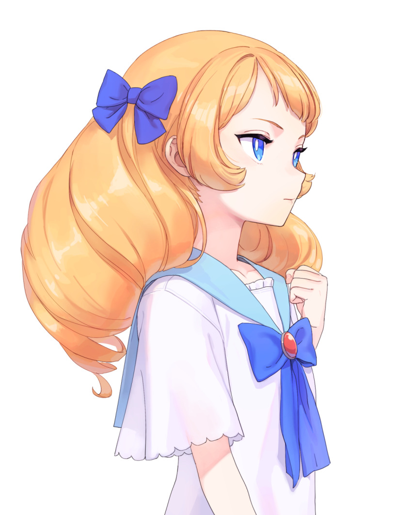 1girl, april_(halogenkn), blonde_hair, blue_bow, blue_eyes, bow, drill_hair, hair_bow