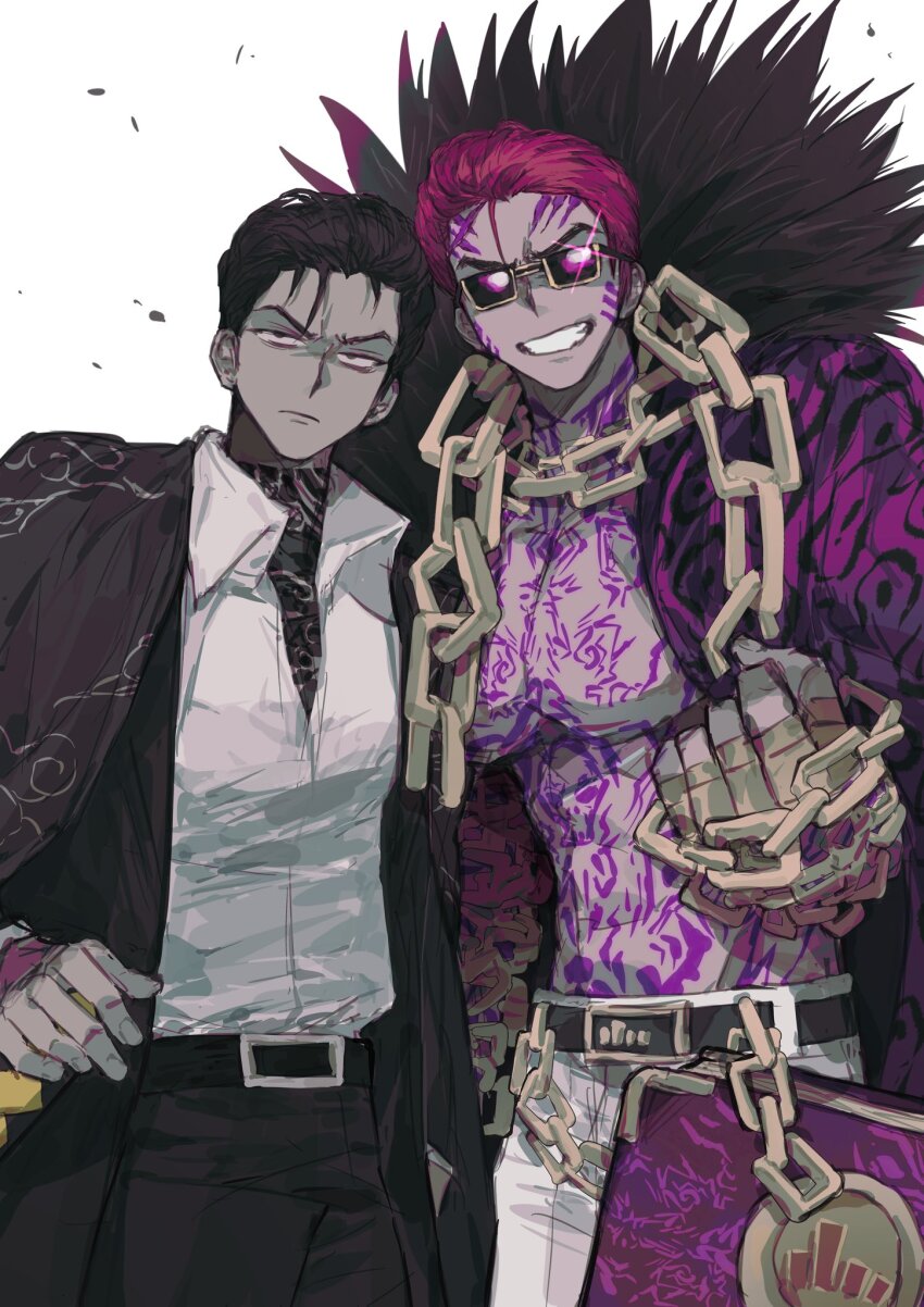 2boys, anzekeye, belt, black_coat, black_hair, black_pants, book, chain, coat, collared_shirt, full-body_tattoo, fur_collar, glint, grin, highres, jun_(project_moon), limbus_company, multiple_boys, pants, project_moon, purple_coat, red_hair, ricardo_(project_moon), shirt, short_hair, smile, sunglasses, tattoo, white_pants, white_shirt