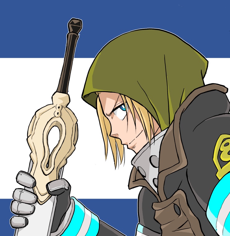 1boy, arthur_boyle, blonde_hair, blue_eyes, en'en_no_shouboutai, gloves, hood, smile