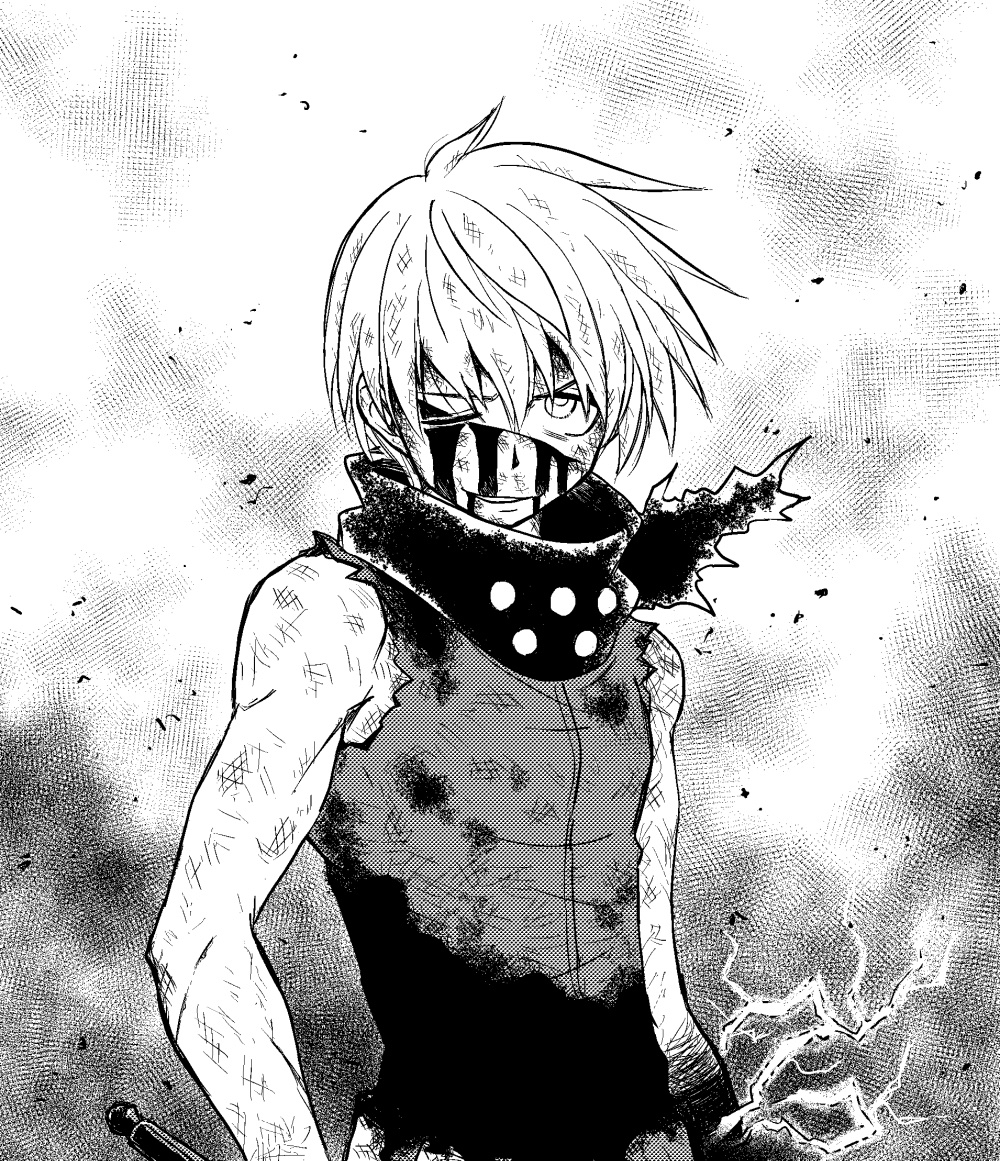1boy, arthur_boyle, en'en_no_shouboutai, greyscale, lightning, monochrome, solo, tokoswrb88