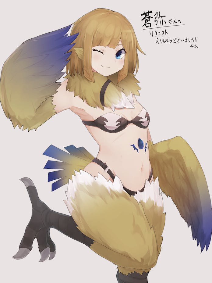 1girl, animal_ears, bird_ears, bird_legs, bird_tail, black_bra, black_panties, blue_eyes
