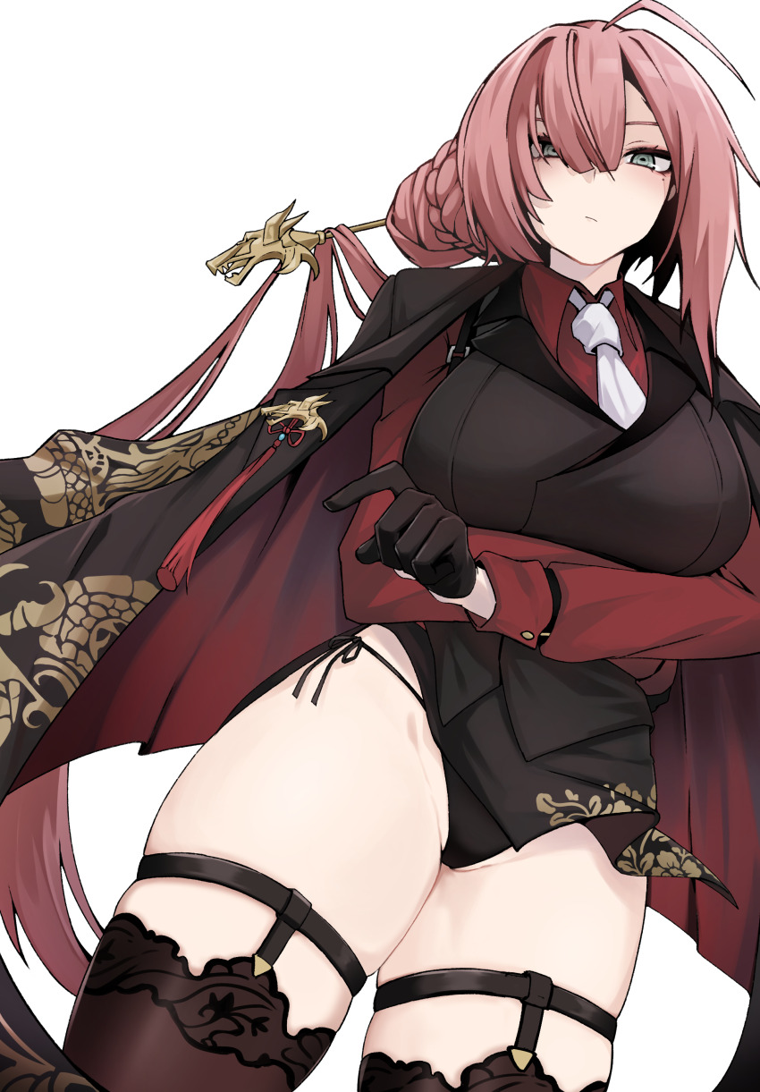 1girl, absurdres, ahoge, black_gloves, black_jacket, black_panties, black_thighhighs, black_vest