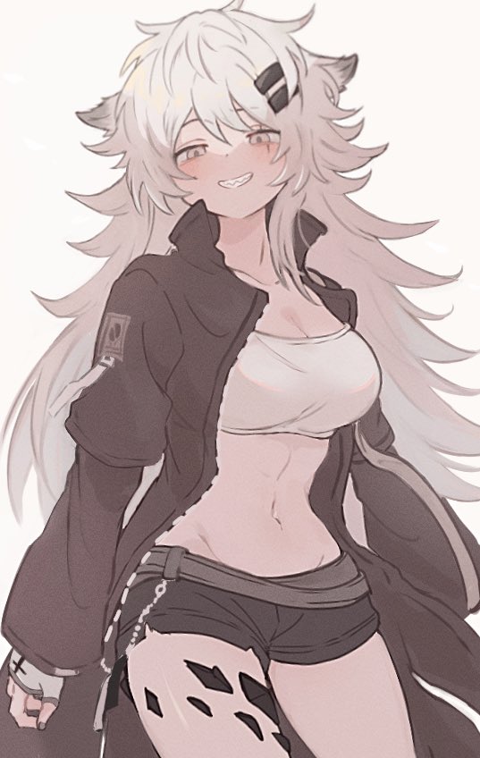 1girl, animal_ears, arknights, arouni22, bandeau, black_coat, black_shorts, blush