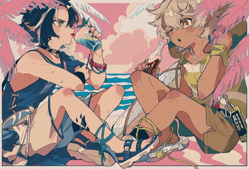 2boys, arknights, blue_hair, blue_nails, blue_shirt, bottle, brown_shorts, chestnut_(arknights)