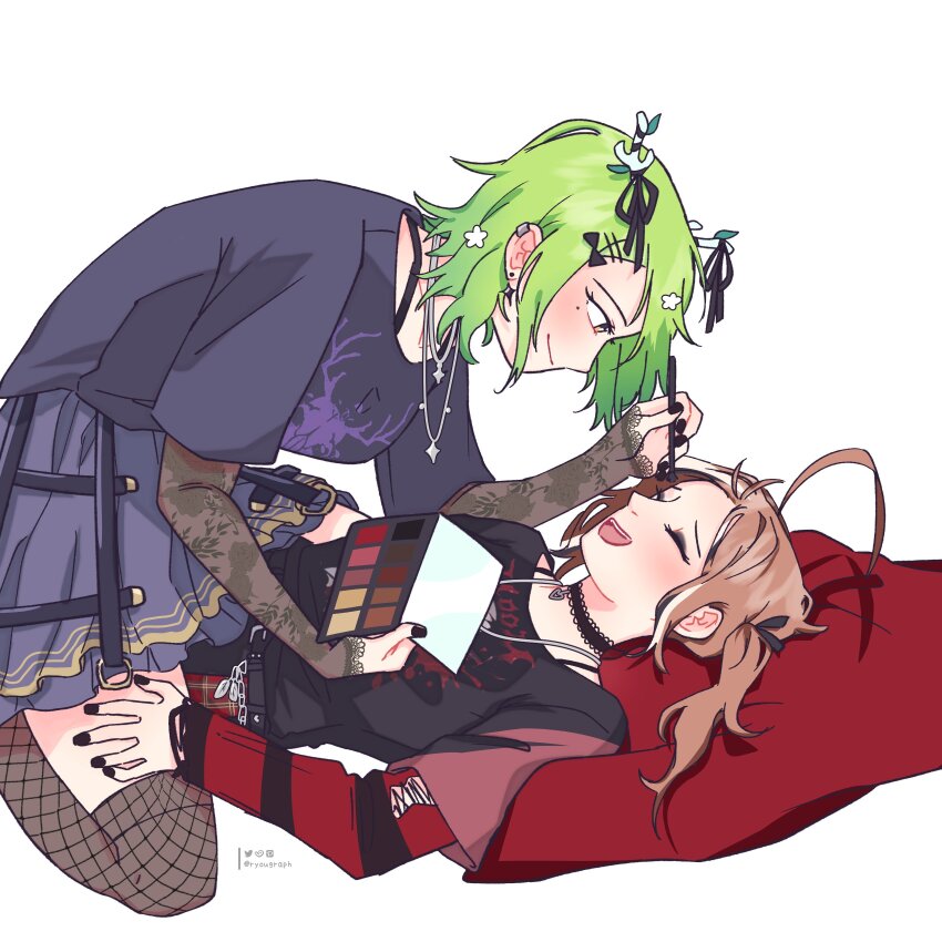 2girls, absurdres, ahoge, antler_ribbon, antlers, applying_another's_makeup, applying_makeup, belt, black_belt, black_bow, black_choker, black_eyeliner, black_hair, black_nails, black_ribbon, black_shirt, black_skirt, black_sleeves, black_sweater, blush, bow, bra_strap, branch, brown_hair, ceres_fauna, ceres_fauna_(goth), choker, closed_eyes, cosmetics, crinoline, detached_sleeves, ear_piercing, earclip, earrings, emo_fashion, eyelashes, eyeliner, fishnet_thighhighs, fishnets, girl_on_top, goth_fashion, gradient_hair, green_hair, hair_bow, hair_flowing_over, hair_ornament, hairclip, heart, heart_choker, heart_o-ring, heart_ring_choker, highres, holding, holding_brush, holding_paint_palette, hololive, hololive_english, horns, huge_ahoge, jewelry, lace, lace-trimmed_choker, lace-trimmed_sleeves, lace_sleeves, lace_trim, laughing, lesbians_doing_makeup_(meme), long_hair, long_sleeves, looking_at_another, lying, makeup, makeup_brush, makeup_palette, meme, mikki_(bukiyos), multicolored_hair, multiple_girls, nail_polish, nanashi_mumei, nanashi_mumei_(emo), necklace, o-ring, o-ring_choker, official_alternate_costume, official_alternate_hairstyle, on_back, paint_palette, piercing, pillow, pleated_skirt, red_sweater, ribbon, shirt, short_hair, short_sleeves, single_earring, skirt, smile, straddling, streaked_hair, striped_clothes, striped_sweater, sweater, sweater_under_shirt, thighhighs, torn_clothes, torn_sweater, tree_horns, twintails, virtual_youtuber, white_hair, yellow_eyes