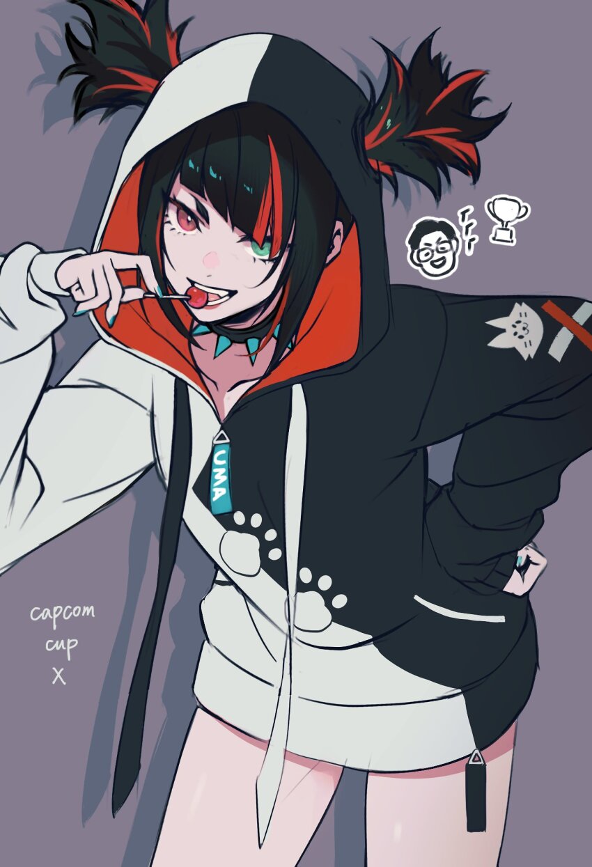 1girl, black_hair, blunt_bangs, candy, capcom_cup, collar, commentary, cosplay