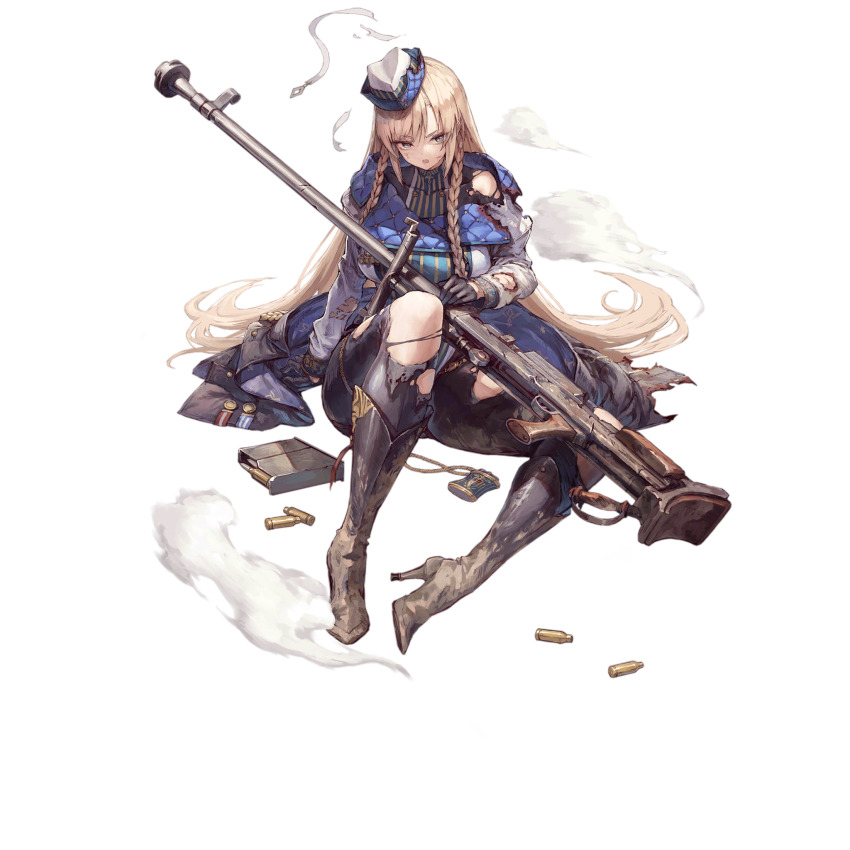 .55_boys, 1girl, ammunition, anti-materiel_cartridge, anti-materiel_rifle, anti-tank_cartridge, black_boots, black_eyes