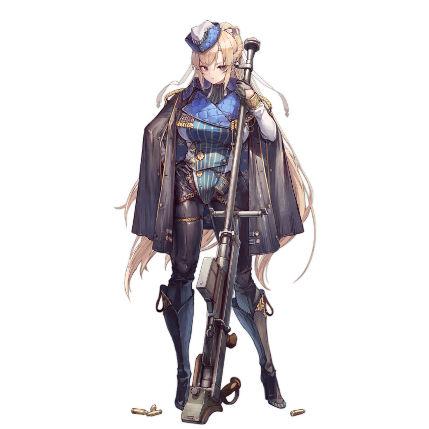 .55_boys, 1girl, ammunition, anti-materiel_cartridge, anti-materiel_rifle, anti-tank_cartridge, black_boots, black_eyes