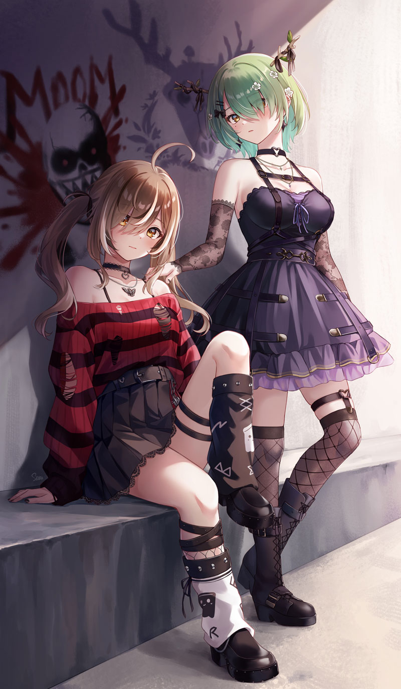 1girl, ahoge, antler_ribbon, antlers, asymmetrical_legwear, belt, black_camisole, black_dress