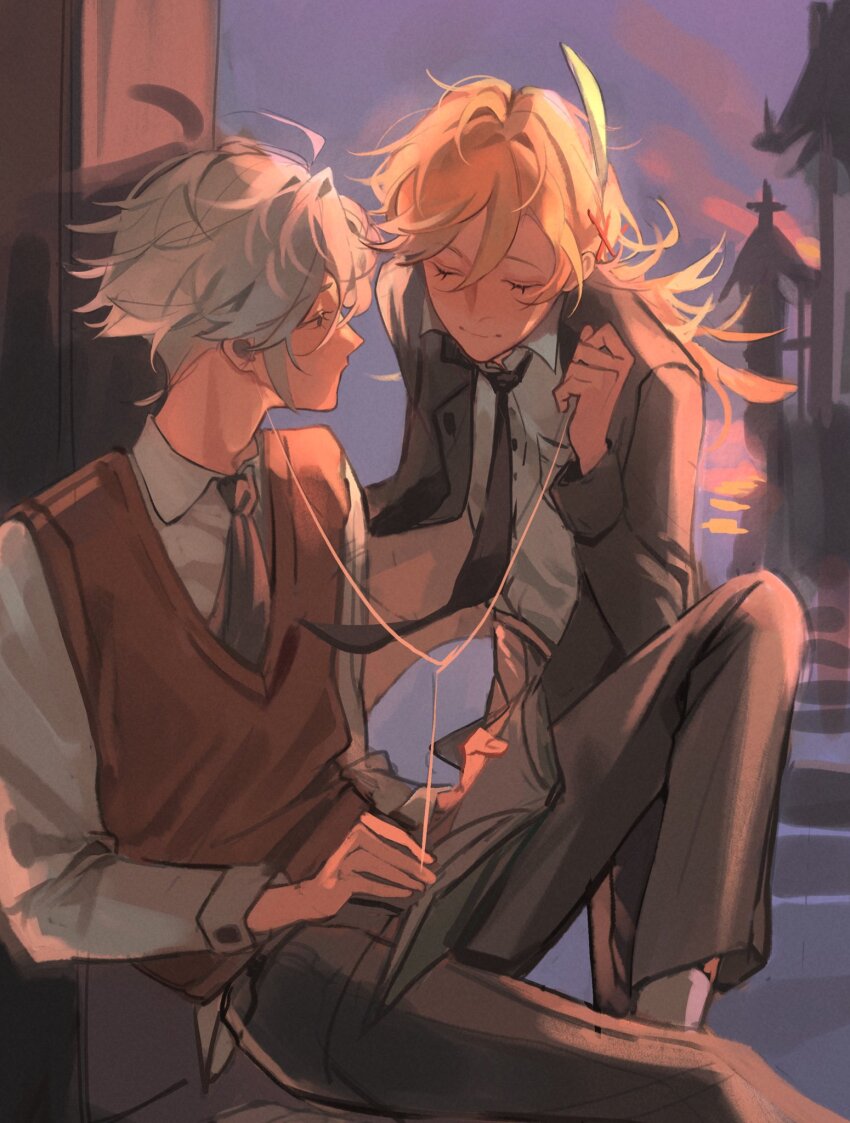 2boys, alhaitham_(genshin_impact), black_jacket, black_necktie, black_pants, blonde_hair, closed_eyes, earphones