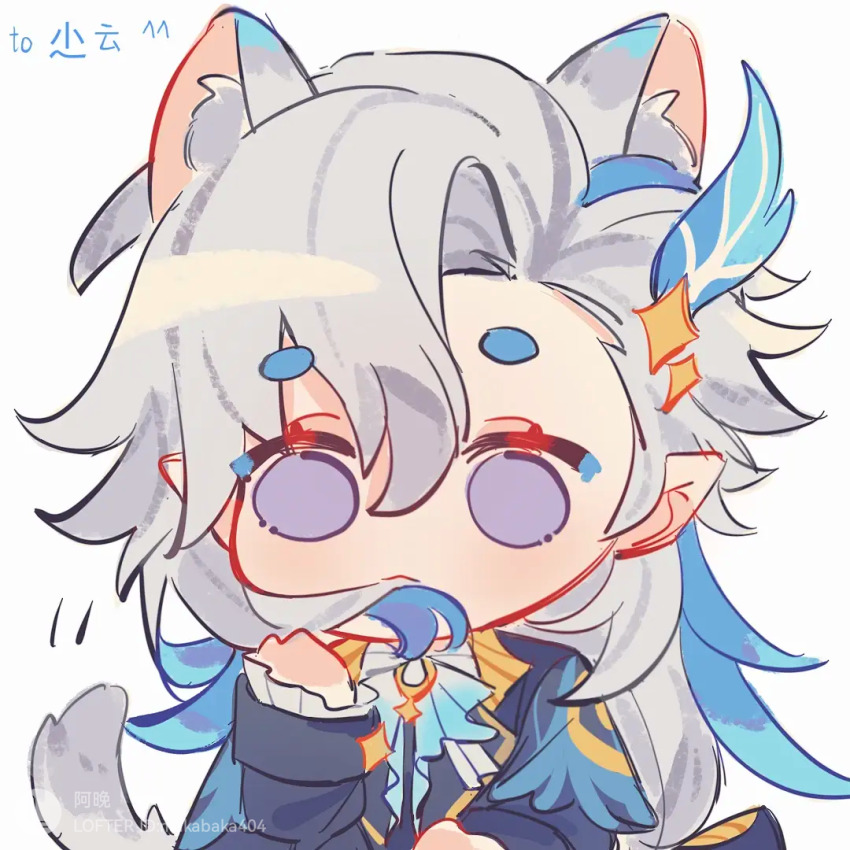 1boy, animal_ears, cat_ears, chibi, genshin_impact, lofter, lofter_logo, makabaka404, neuvillette_(genshin_impact), pointy_ears, white_background