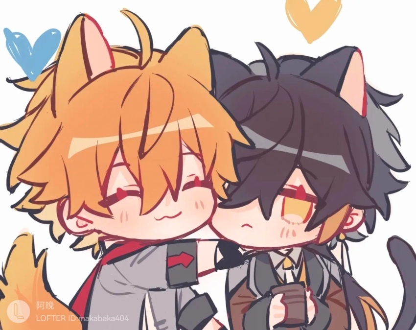 2boys, animal_ears, cat_boy, cat_ears, cat_tail, chibi, cup, dimples, fox_ears, fox_tail, genshin_impact, holding_cup, hug, lofter, lofter_logo, makabaka404, multiple_boys, tail, tartaglia_(genshin_impact), teacup, zhongli_(genshin_impact)