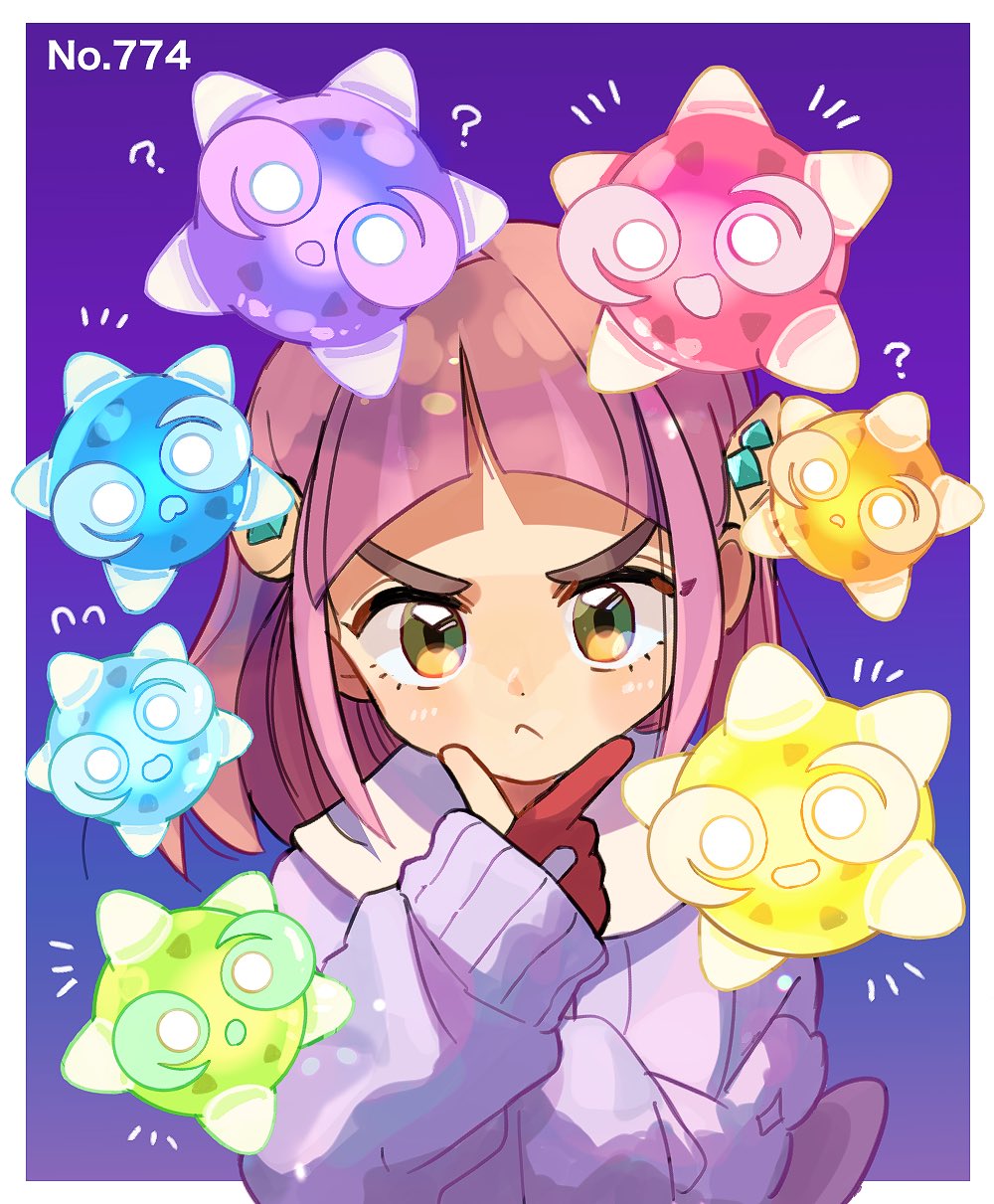 1girl, :d, :o, ?, arched_bangs, blue_background, border, commentary_request, dot_nose, frown, gen_7_pokemon, gloves, gradient_background, highres, lacey_(pokemon), minior, minior_(blue_core), minior_(core), minior_(green_core), minior_(indigo_core), minior_(orange_core), minior_(red_core), minior_(violet_core), minior_(yellow_core), mismatched_eyebrows, nintendo, notice_lines, open_mouth, outside_border, pink_hair, pokemon, pokemon_(creature), pokemon_scarlet_and_violet, purple_background, red_gloves, simple_background, smile, thinking, two-tone_background, upper_body, v-shaped_eyebrows, white_border, yunme